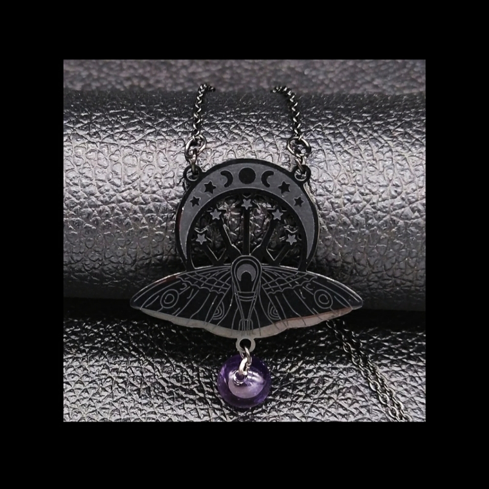 Witchcraft Crescent & Moth Pendant Necklace